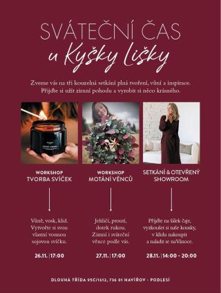 Sváteční workshop výroby vonných sojových svíček Zveme vás na kouzelný předvánoční večer plný vůní, světla a tvoření v...